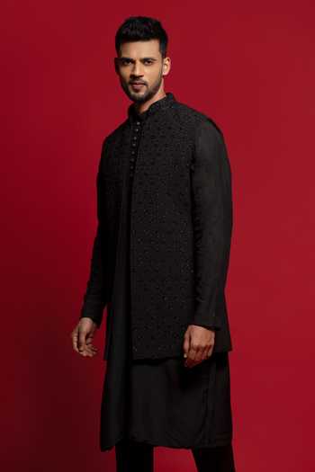 Shop_Sven Suits_Blue Silk Embroidery, Beads Thread Bundi And Kurta Set _Online_at_Aza_Fashions