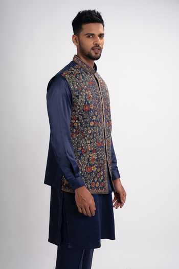 Buy_Sven Suits_Blue Satin Embroidery, Sequins, Zari, Cut Work Bundi And Kurta Set _Online_at_Aza_Fashions