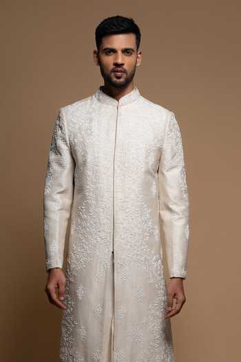 Shop Sven Suits Cream Silk Bead Work Sherwani Set Online at Aza Fashions Shop_Sven Suits_Cream Silk Bead Work Sherwani Set _Online_at_Aza_Fashions