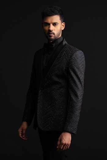 Shop_Sven Suits_Black Silk Cutdana Embroidered Blazer Set _Online_at_Aza_Fashions