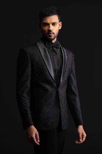 Sven Suits_Black Silk Cutdana Embroidered Blazer Set _at_Aza_Fashions