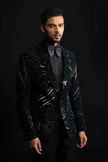 Sven Suits_Black Velvet Embroidered Blazer Set _Online_at_Aza_Fashions