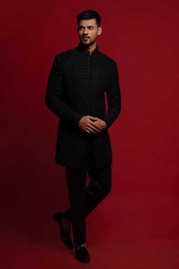 Shop_Sven Suits_Black Velvet Embroidered Sherwani And Kurta Set _Online_at_Aza_Fashions