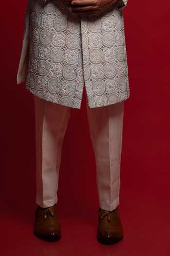 Sven Suits_Blue Silk Embroidered Sherwani Set _Online_at_Aza_Fashions