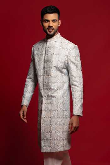 Buy_Sven Suits_Blue Silk Embroidered Sherwani Set _Online_at_Aza_Fashions