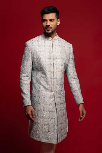 Shop_Sven Suits_Blue Silk Embroidered Sherwani Set _Online_at_Aza_Fashions