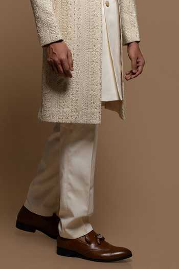 Sven Suits_Beige Silk Stone Embroidered Sherwani Set _Online_at_Aza_Fashions