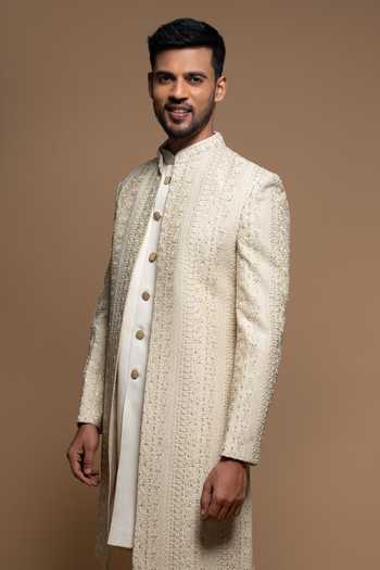 Buy_Sven Suits_Beige Silk Stone Embroidered Sherwani Set _Online_at_Aza_Fashions