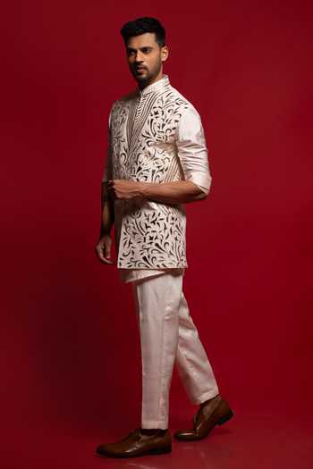Sven Suits_Off White Silk Zari Embroidered Bundi And Kurta Set _Online_at_Aza_Fashions