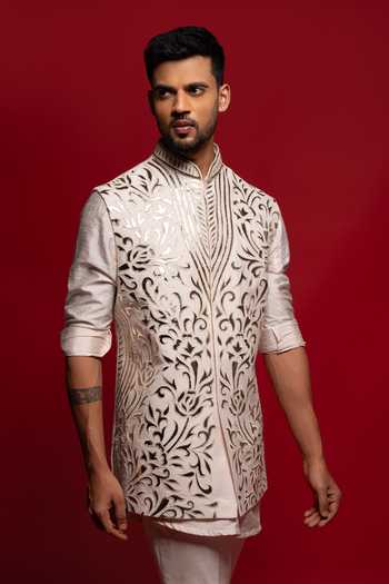 Shop_Sven Suits_Off White Silk Zari Embroidered Bundi And Kurta Set _Online_at_Aza_Fashions