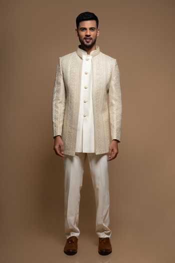 Sven Suits_Beige Silk Embroidered Sherwani Jacket Set _Online_at_Aza_Fashions