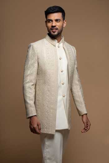 Shop_Sven Suits_Beige Silk Embroidered Sherwani Jacket Set _Online_at_Aza_Fashions