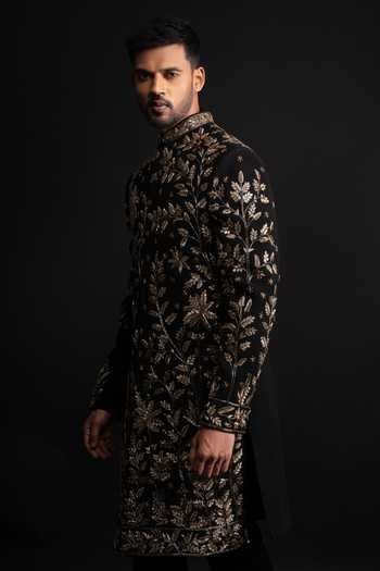 Sven Suits_Black Polyester Floral Embroidered Sherwani Set _Online_at_Aza_Fashions