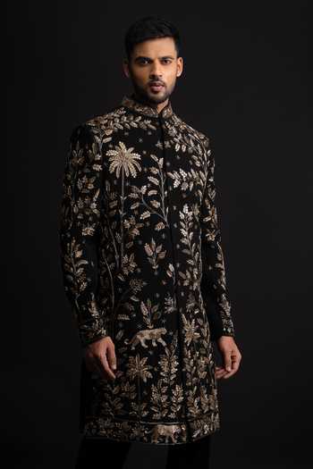 Shop_Sven Suits_Black Polyester Floral Embroidered Sherwani Set _Online_at_Aza_Fashions