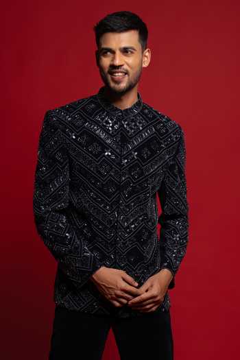 Buy_Sven Suits_Blue Velvet Stones, Beads Embroidered Bandhgala And Kurta Set _Online_at_Aza_Fashions