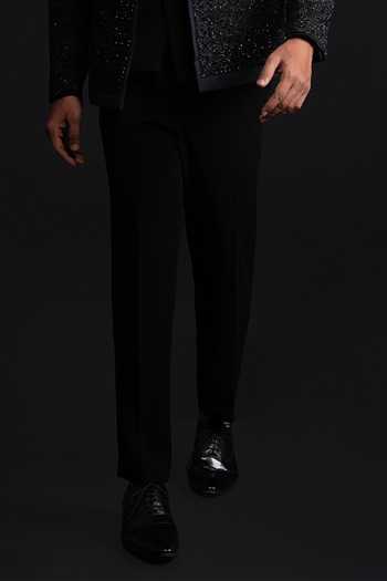 Sven Suits_Black Silk Stones, Cut Work Embellished Bandhgala Set _Online_at_Aza_Fashions