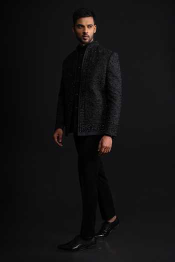 Buy_Sven Suits_Black Silk Stones, Cut Work Embellished Bandhgala Set _Online_at_Aza_Fashions