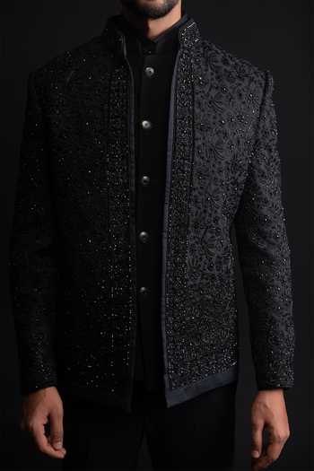 Shop_Sven Suits_Black Silk Stones, Cut Work Embellished Bandhgala Set _Online_at_Aza_Fashions