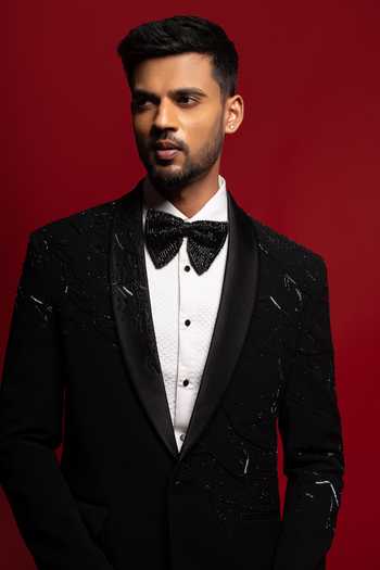 Shop_Sven Suits_Black Polyester Embroidered Blazer Set _Online_at_Aza_Fashions