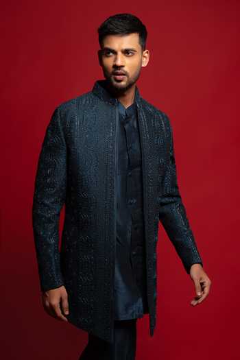 Buy_Sven Suits_Green Silk Embroidered Sherwani Set _Online_at_Aza_Fashions