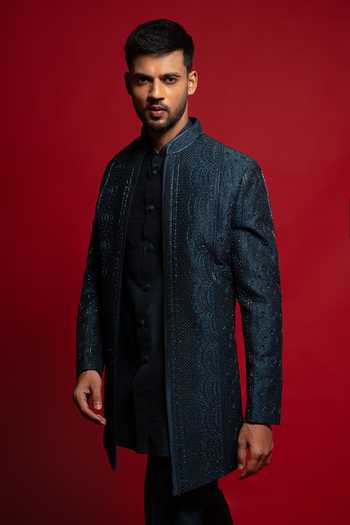 Shop_Sven Suits_Green Silk Embroidered Sherwani Set _Online_at_Aza_Fashions