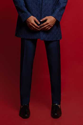 Sven Suits_Blue Silk Stones, Beads Tonal Embroidered Sherwani Set _Online_at_Aza_Fashions