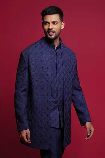 Buy_Sven Suits_Blue Silk Stones, Beads Tonal Embroidered Sherwani Set _Online_at_Aza_Fashions
