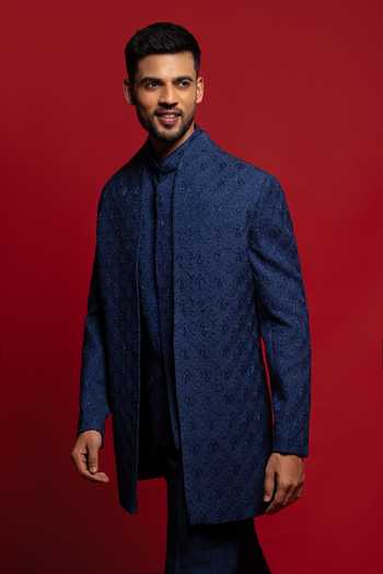 Shop_Sven Suits_Blue Silk Stones, Beads Tonal Embroidered Sherwani Set _Online_at_Aza_Fashions