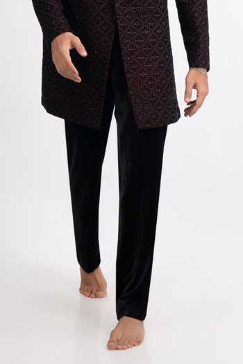 Sven Suits_Maroon Velvet Beads, Stones, Cut Work Embroidered Bandhgala And Kurta Set _Online_at_Aza_Fashions