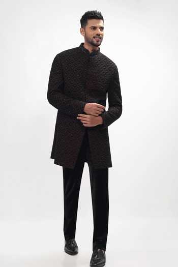 Buy_Sven Suits_Maroon Velvet Beads, Stones, Cut Work Embroidered Bandhgala And Kurta Set _Online_at_Aza_Fashions