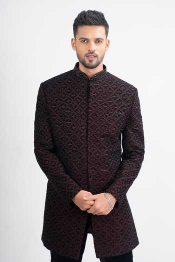 Shop_Sven Suits_Maroon Velvet Beads, Stones, Cut Work Embroidered Bandhgala And Kurta Set _Online_at_Aza_Fashions