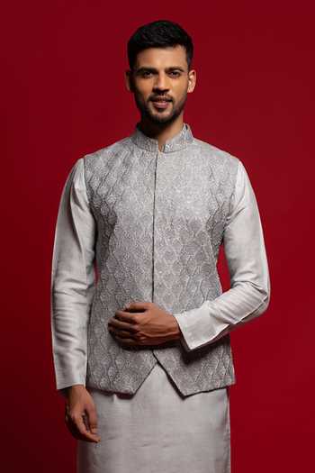 Buy_Sven Suits_Grey Silk Embroidery, Sequins, Stones Bundi And Kurta Set _Online_at_Aza_Fashions