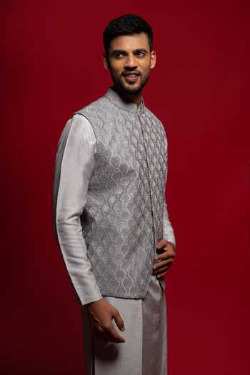 Shop_Sven Suits_Grey Silk Embroidery, Sequins, Stones Bundi And Kurta Set _Online_at_Aza_Fashions