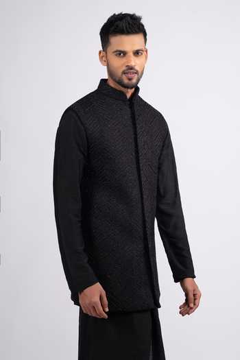 Sven Suits_Black Silk Stones Chevron Embroidered Bundi And Kurta Set _Online_at_Aza_Fashions
