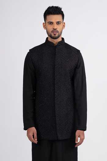 Buy_Sven Suits_Black Silk Stones Chevron Embroidered Bundi And Kurta Set _Online_at_Aza_Fashions