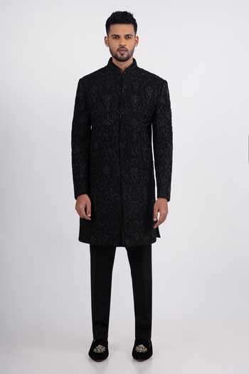 Buy_Sven Suits_Black Silk Embroidered Sherwani And Kurta Set _Online_at_Aza_Fashions