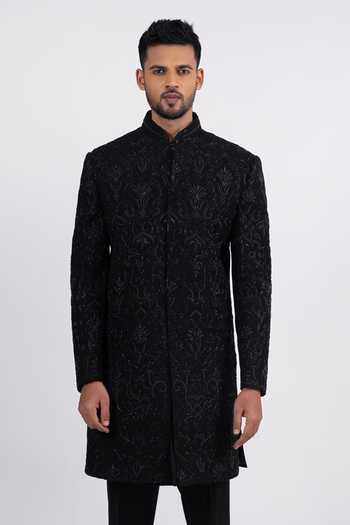 Shop_Sven Suits_Black Silk Embroidered Sherwani And Kurta Set _Online_at_Aza_Fashions