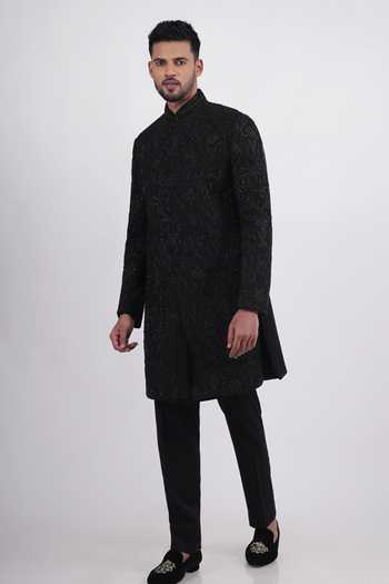 Sven Suits_Black Silk Embroidered Sherwani And Kurta Set _at_Aza_Fashions