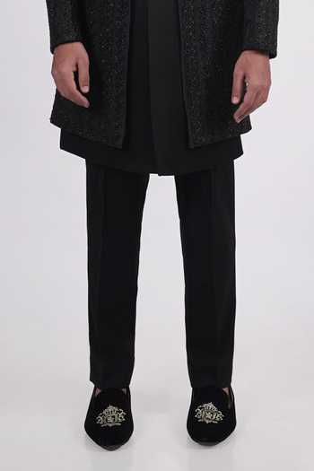 Sven Suits_Black Silk Embroidery, Stones Sherwani Set _Online_at_Aza_Fashions