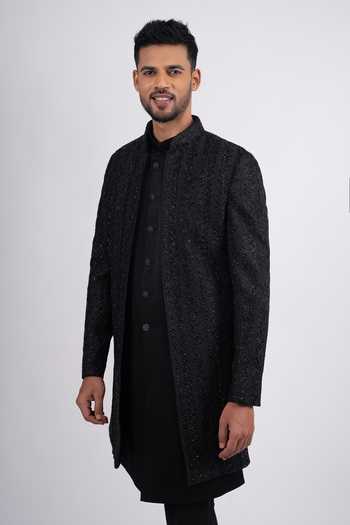 Buy_Sven Suits_Black Silk Embroidery, Stones Sherwani Set _Online_at_Aza_Fashions