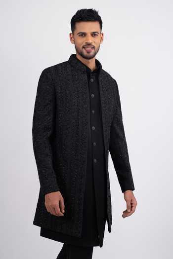 Shop_Sven Suits_Black Silk Embroidery, Stones Sherwani Set _Online_at_Aza_Fashions