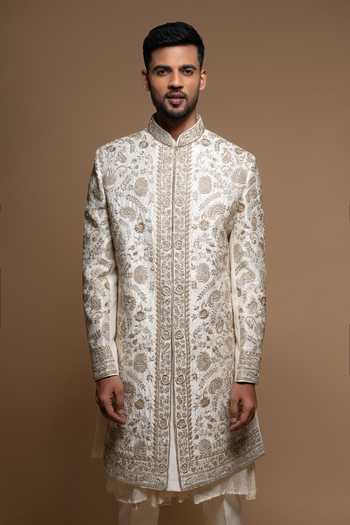 Sven Suits_Off White Silk Floral Embroidered Sherwani With Pant _Online_at_Aza_Fashions