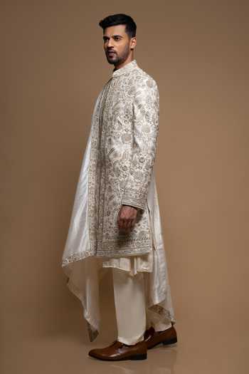 Buy_Sven Suits_Off White Silk Floral Embroidered Sherwani With Pant _Online_at_Aza_Fashions