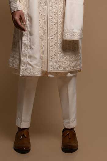 Sven Suits_Off White Silk Tonal Embroidered Sherwani Set _Online_at_Aza_Fashions