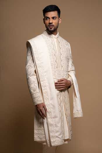 Buy_Sven Suits_Off White Silk Tonal Embroidered Sherwani Set _Online_at_Aza_Fashions