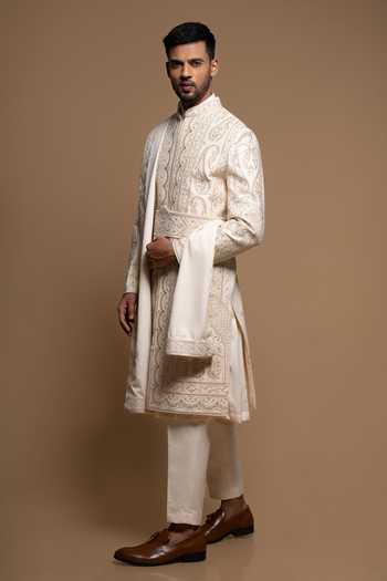 Shop_Sven Suits_Off White Silk Tonal Embroidered Sherwani Set _Online_at_Aza_Fashions