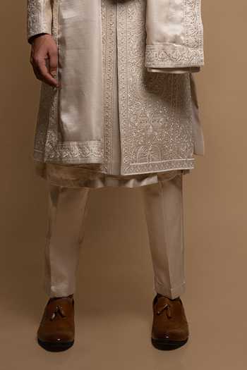 Sven Suits_Beige Silk Embroidered Sherwani And Kurta Set _Online_at_Aza_Fashions