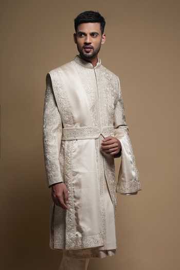 Buy_Sven Suits_Beige Silk Embroidered Sherwani And Kurta Set _Online_at_Aza_Fashions