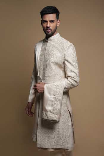 Shop_Sven Suits_Beige Silk Embroidered Sherwani And Kurta Set _Online_at_Aza_Fashions