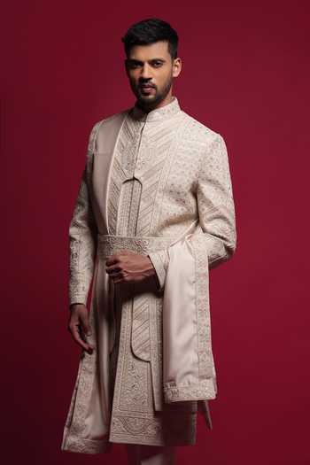 Sven Suits_Beige Silk Tonal Thread Embroidered Sherwani Set _Online_at_Aza_Fashions
